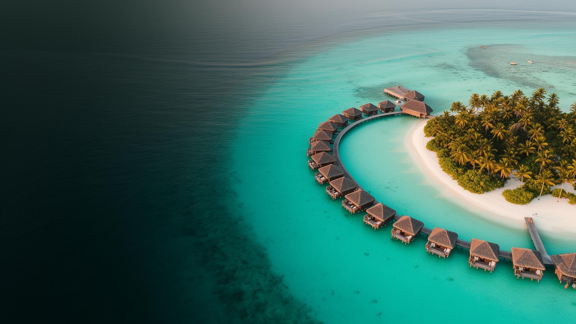 Aerial view of overwater villas and turquoise Maldives lagoon